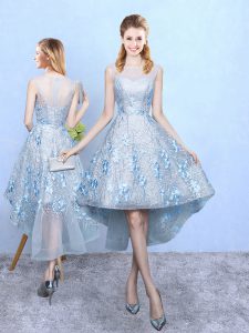 Traditional Tulle and Printed Scoop Sleeveless Zipper Appliques Dama Dress in Light Blue