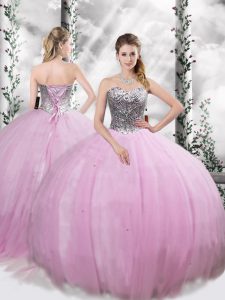 Lace Up Quinceanera Gown Lilac for Military Ball and Sweet 16 and Quinceanera with Beading Brush Train