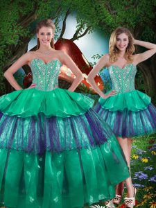 Floor Length Turquoise Quinceanera Gowns Organza Sleeveless Beading and Ruffled Layers