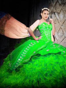 Glittering Green Sweetheart Lace Up Embroidery and Ruffles 15th Birthday Dress Brush Train Sleeveless