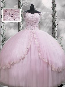Lilac Cap Sleeves Tulle Brush Train Side Zipper Sweet 16 Dress for Military Ball and Sweet 16 and Quinceanera