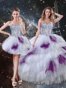 Pretty Sleeveless Floor Length Beading and Ruffled Layers and Sequins Lace Up 15th Birthday Dress with Multi-color