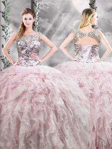 Low Price Floor Length Pink Quinceanera Dresses Tulle Sleeveless Ruffles