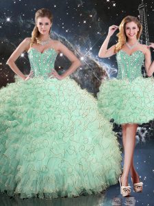 Wonderful Apple Green Organza Lace Up Sweetheart Sleeveless Floor Length 15 Quinceanera Dress Beading and Ruffles