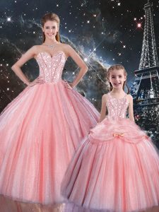 Nice Beading Sweet 16 Quinceanera Dress Pink Lace Up Sleeveless Floor Length