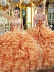 Fitting Orange Ball Gowns One Shoulder Sleeveless Organza Floor Length Lace Up Beading and Ruffles 15th Birthday Dress