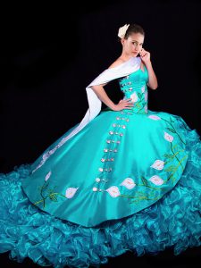Sumptuous Aqua Blue Organza Lace Up 15 Quinceanera Dress Sleeveless Brush Train Embroidery and Ruffles