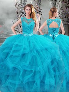 Glorious Floor Length Lace Up Vestidos de Quinceanera Baby Blue for Military Ball and Sweet 16 and Quinceanera with Beading and Ruffles