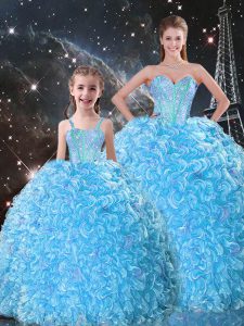 Beautiful Floor Length Baby Blue 15th Birthday Dress Organza Sleeveless Beading and Ruffles