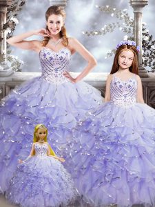 Sweetheart Sleeveless Quinceanera Gown Floor Length Beading and Ruffles Lavender Organza