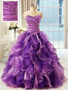 Eggplant Purple Sweetheart Neckline Beading and Ruffles Quinceanera Dress Sleeveless Lace Up