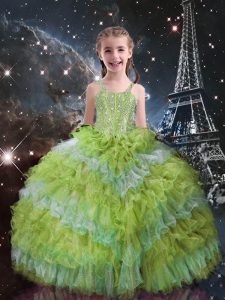 Cute Yellow Green Straps Lace Up Beading and Ruffled Layers Pageant Dress Toddler Sleeveless