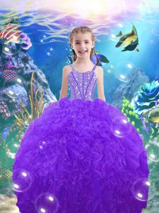 Eggplant Purple Organza Lace Up Straps Sleeveless Floor Length Pageant Dress Toddler Beading and Ruffles