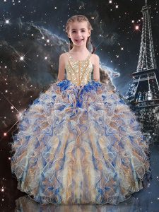 Straps Sleeveless Organza Pageant Gowns Beading and Ruffles Lace Up
