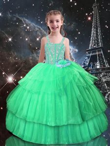 Beading and Ruffled Layers Kids Formal Wear Apple Green Lace Up Sleeveless Floor Length