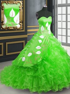 Unique Green Sleeveless Organza Brush Train Lace Up Sweet 16 Dresses for Military Ball and Sweet 16 and Quinceanera