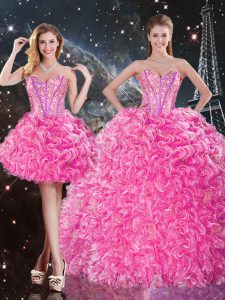 Rose Pink Sleeveless Floor Length Beading and Ruffles Lace Up Quince Ball Gowns