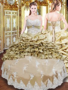 Chic Champagne Ball Gowns Taffeta Straps Sleeveless Beading and Appliques and Ruffled Layers and Pick Ups Floor Length Lace Up Sweet 16 Quinceanera Dress