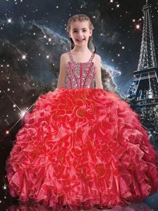 Coral Red Organza Lace Up Pageant Dress for Teens Sleeveless Floor Length Beading and Ruffles