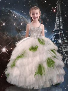 Latest Sleeveless Tulle Floor Length Lace Up Pageant Dress Wholesale in White with Beading and Ruffled Layers