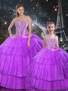 Pretty Purple Sweet 16 Dresses Military Ball and Sweet 16 and Quinceanera with Beading and Ruffled Layers Sweetheart Sleeveless Lace Up