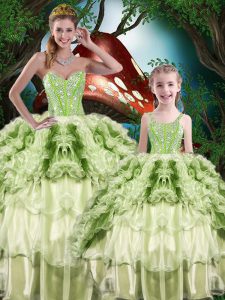 Sweetheart Sleeveless Ball Gown Prom Dress Floor Length Beading and Ruffles and Ruffled Layers Yellow Green Organza