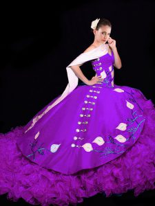 Beautiful Eggplant Purple Sleeveless Embroidery and Ruffles Lace Up Sweet 16 Dress