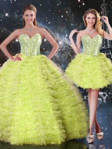 Flare Yellow Green Lace Up Quinceanera Gown Beading and Ruffles Sleeveless Floor Length