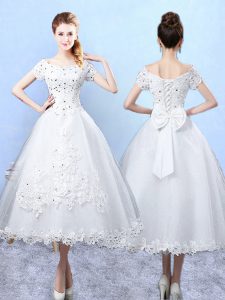 White Short Sleeves Tulle Lace Up Quinceanera Court Dresses for Prom and Party and Wedding Party