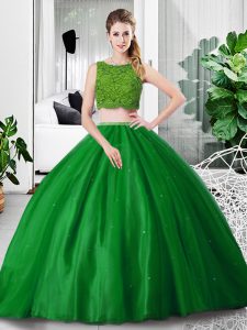 High End Green Tulle Zipper Scoop Sleeveless Floor Length Vestidos de Quinceanera Lace and Ruching