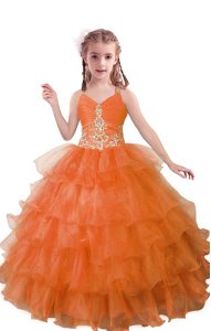 Admirable V-neck Sleeveless Zipper Pageant Dress for Teens Orange Red Organza