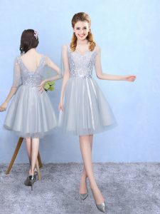 Pretty Silver V-neck Neckline Lace Quinceanera Court Dresses Half Sleeves Lace Up