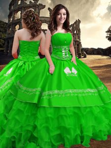 Green Taffeta Zipper Strapless Sleeveless Floor Length Vestidos de Quinceanera Embroidery and Ruffled Layers