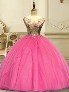 High Class Floor Length Rose Pink Quinceanera Dresses Scoop Sleeveless Lace Up