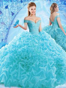 Off The Shoulder Cap Sleeves Sweet 16 Quinceanera Dress Brush Train Ruffles and Pick Ups Aqua Blue Organza