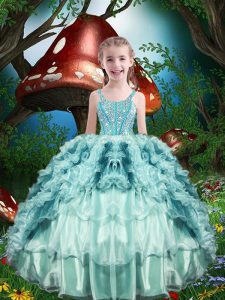 Latest Aqua Blue Ball Gowns Organza Straps Sleeveless Beading and Ruffles and Ruffled Layers Floor Length Lace Up Pageant Dress for Girls