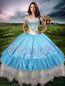 Baby Blue Off The Shoulder Neckline Beading and Embroidery and Ruffled Layers 15th Birthday Dress Sleeveless Lace Up