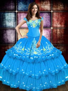 Sleeveless Floor Length Embroidery and Ruffled Layers Lace Up Quinceanera Dress with Baby Blue