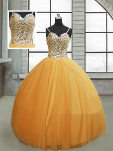 Modern Beading 15th Birthday Dress Gold Lace Up Sleeveless Floor Length