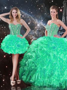 Turquoise Sleeveless Beading and Ruffles Floor Length 15th Birthday Dress