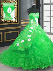 Embroidery and Ruffles Vestidos de Quinceanera Green Lace Up Sleeveless Brush Train