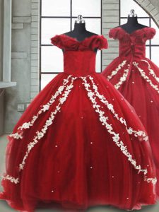Wine Red Off The Shoulder Lace Up Appliques Evening Gowns Brush Train Sleeveless