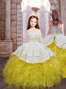 Latest Gold Sleeveless Embroidery and Ruffles Lace Up Girls Pageant Dresses