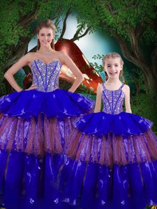 Customized Royal Blue Quinceanera Dresses Military Ball and Sweet 16 and Quinceanera with Beading and Ruffled Layers Sweetheart Sleeveless Lace Up
