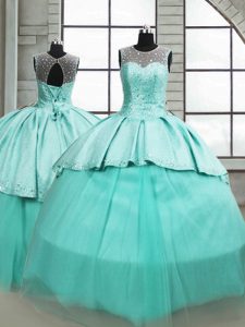 Cheap Tulle Scoop Sleeveless Brush Train Lace Up Beading Quinceanera Gown in Turquoise