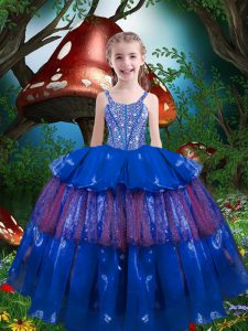 Unique Blue Ball Gowns Straps Sleeveless Organza Floor Length Lace Up Beading and Ruffled Layers Glitz Pageant Dress