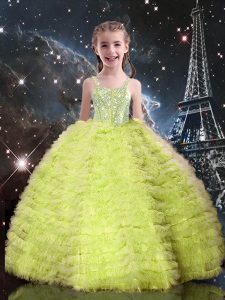 Trendy Tulle Straps Sleeveless Lace Up Beading and Ruffled Layers Pageant Dress Wholesale in Yellow Green