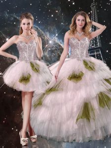 Custom Fit Champagne Sweetheart Lace Up Beading and Ruffled Layers and Sequins Ball Gown Prom Dress Sleeveless