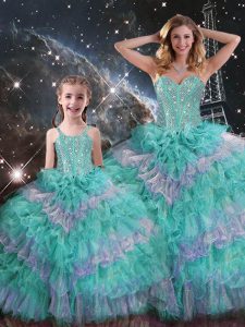 On Sale Sleeveless Floor Length Beading and Ruffled Layers and Sequins Lace Up Sweet 16 Dresses with Multi-color