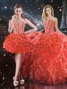 Custom Design Sweetheart Sleeveless Quince Ball Gowns Floor Length Beading and Ruffles Coral Red Organza